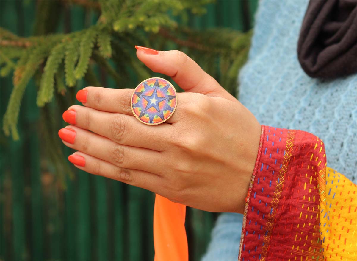 Round Brass Statement Ring with Blue Orange Star Pattern - Resizable - Women Accessories / Gifts for Her - Buy in Bulk Wholesale